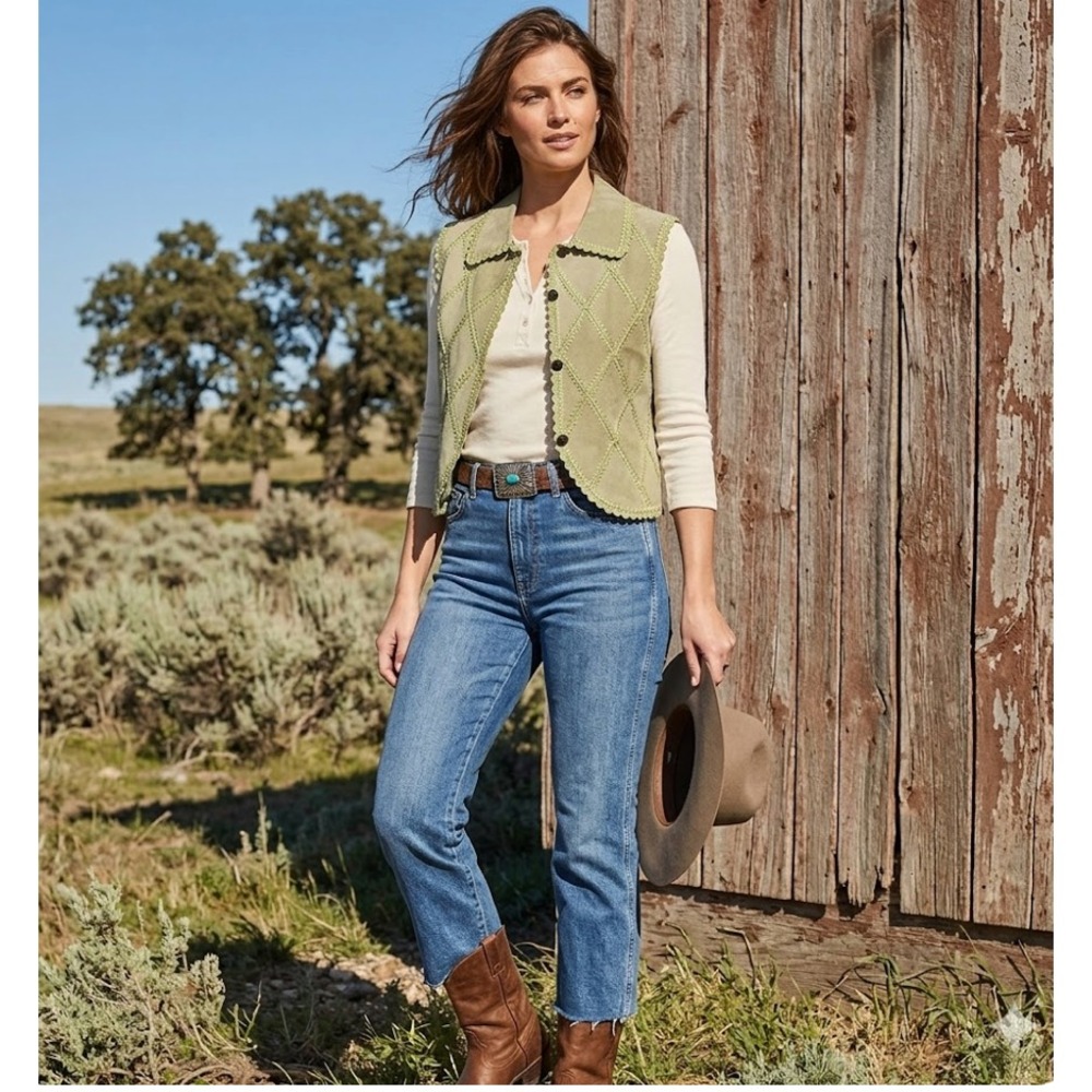 Double D Ranch Womens Suede Embroidered Vest Sz Medium Green Button Up AD